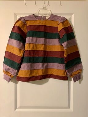 Sezane Striped Puff-Sleeve Blouse in Lavender, Mustard, Burgundy & Forest Green